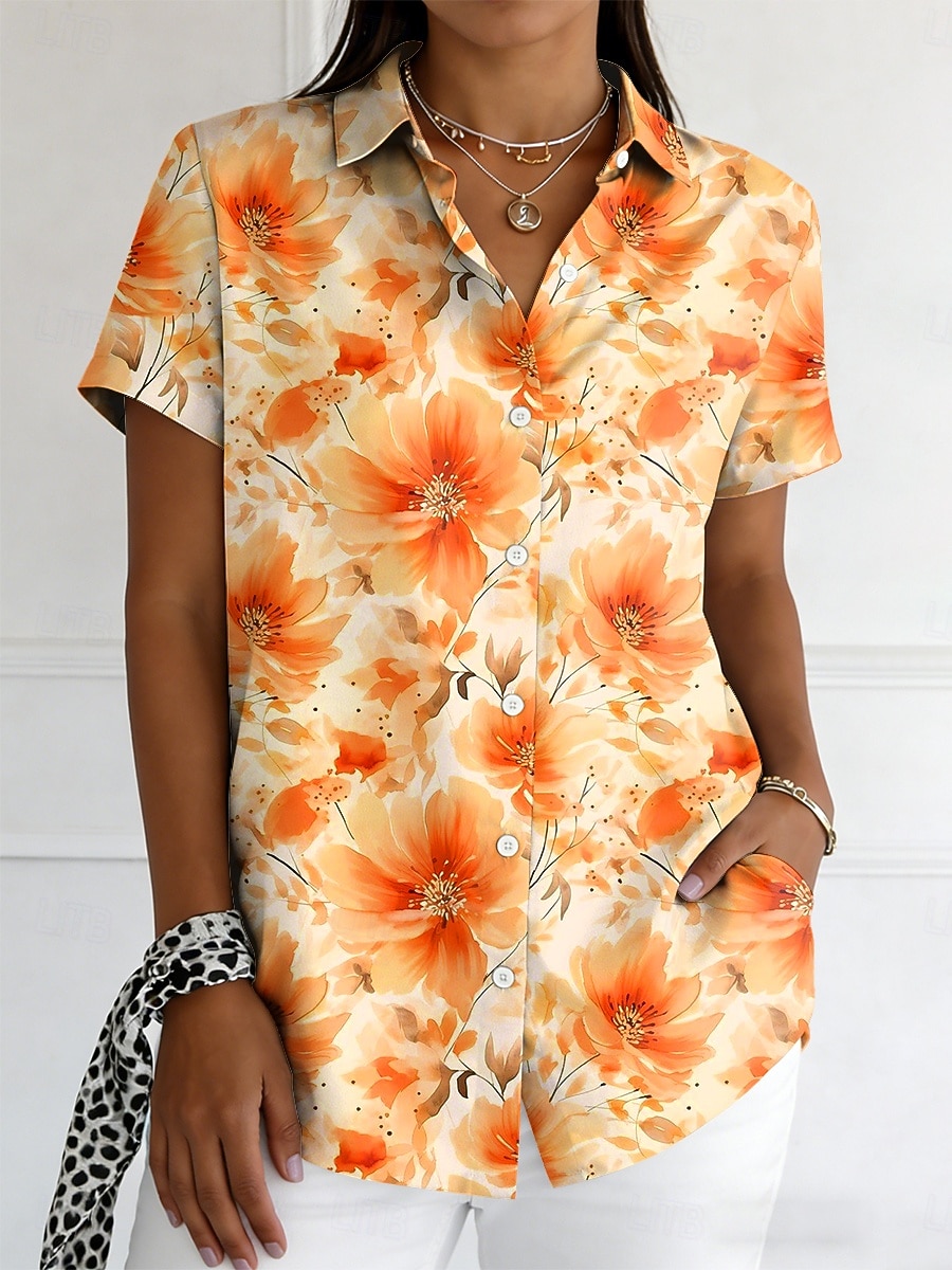 Damskie Koszula Guziki Nadruk Kwiaty Graficzny Zabytkowe Elegancki Nowoczesny Krótki rękaw Kołnierzyk koszuli Zwykłe topy Codzienny Niebieski Czerwony Fioletowy Pomarańczowy Lato Wiosna 2026 - $26.99 –P1