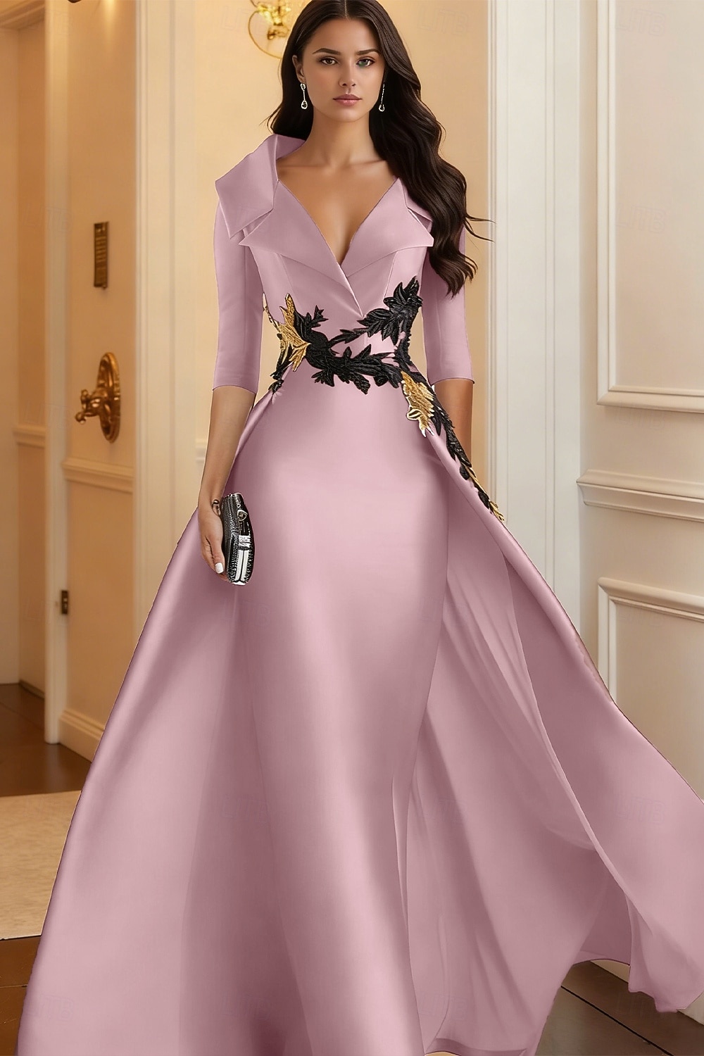 A-Line Floor Length Evening Gown Elegant 3/4 Length Sleeve Shirt Collar Formal Satin with Appliques 2026 - $186.99 –P16