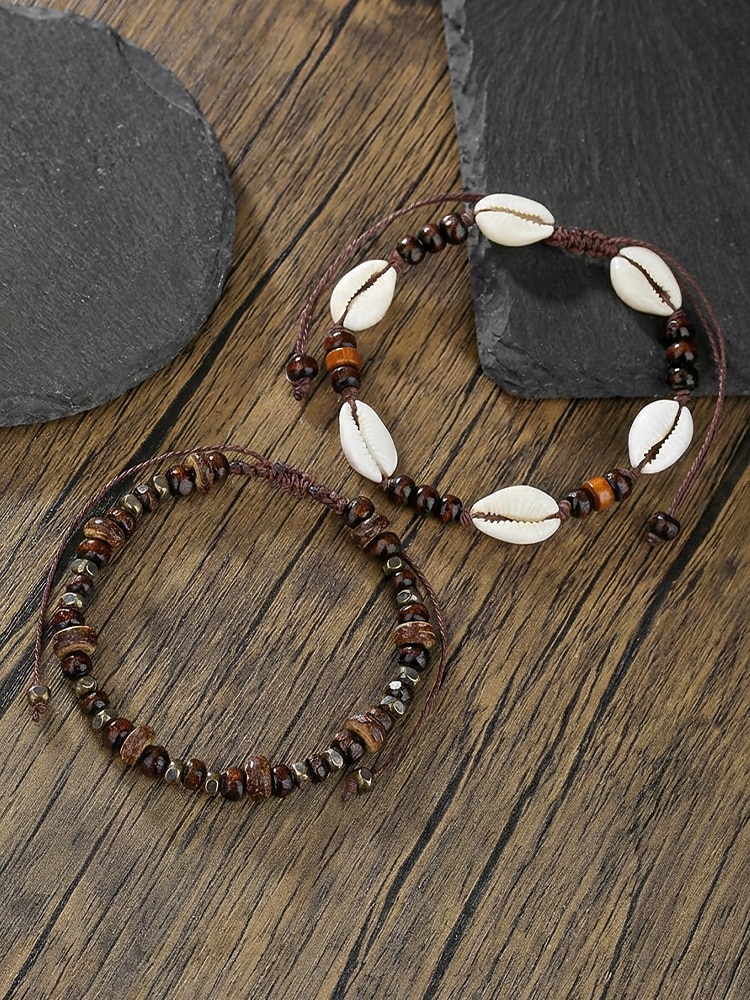 Pánská sada bohémských náramků na kotník z mušlí cowrie a dřevěných korálků, 2 ks ručně vyráběných kmenových nastavitelných šperků na nohy pro letní dovolenou u pláže a každodenní nošení. 2026 - $7.99 –P6