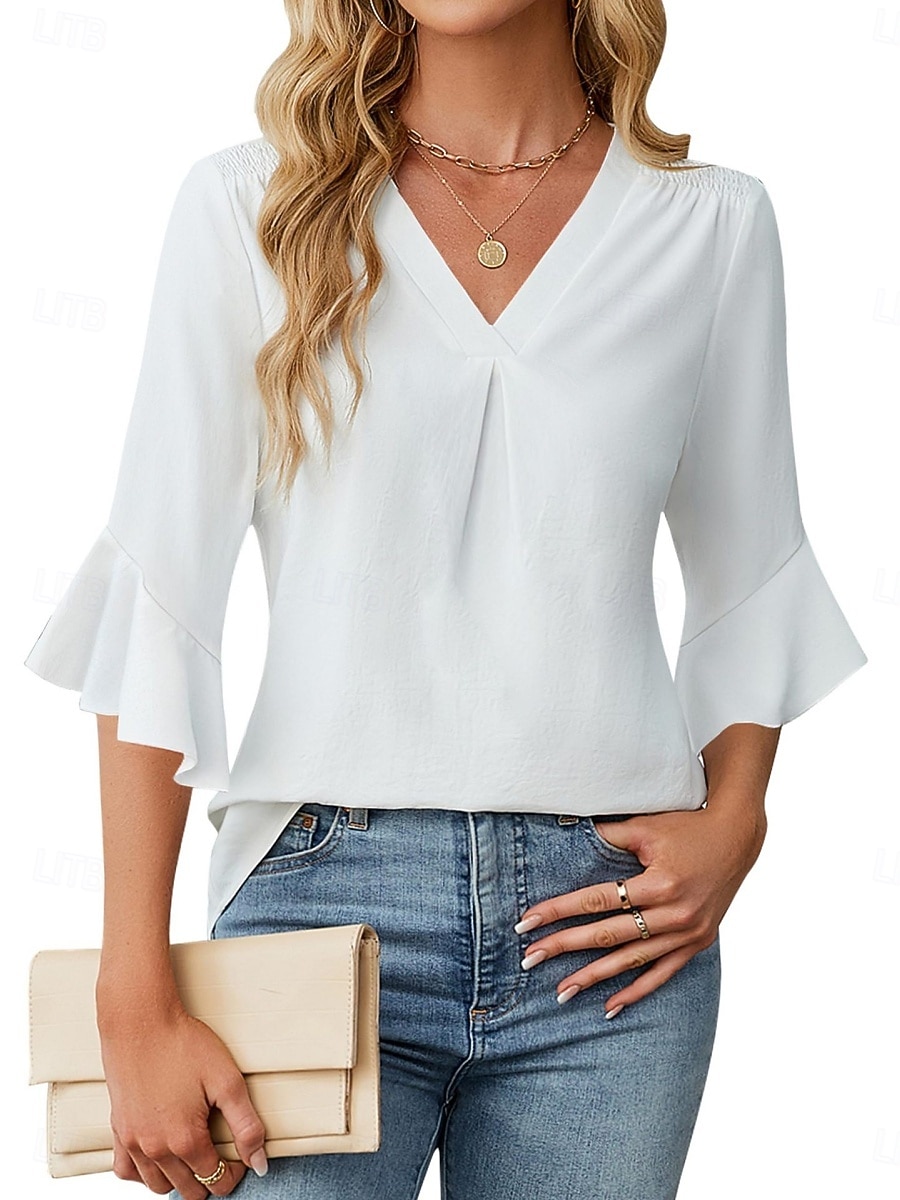 Per donna Camicia Blusa Top in chiffon Volant Semplice Elegante Classico Moderno Manica 3/4 Scollo a V Top Regolari Quotidiano Ferie Uscire Nero Bianco Verde Azzurro Estate Primavera del 2026 a $27.99 –P5