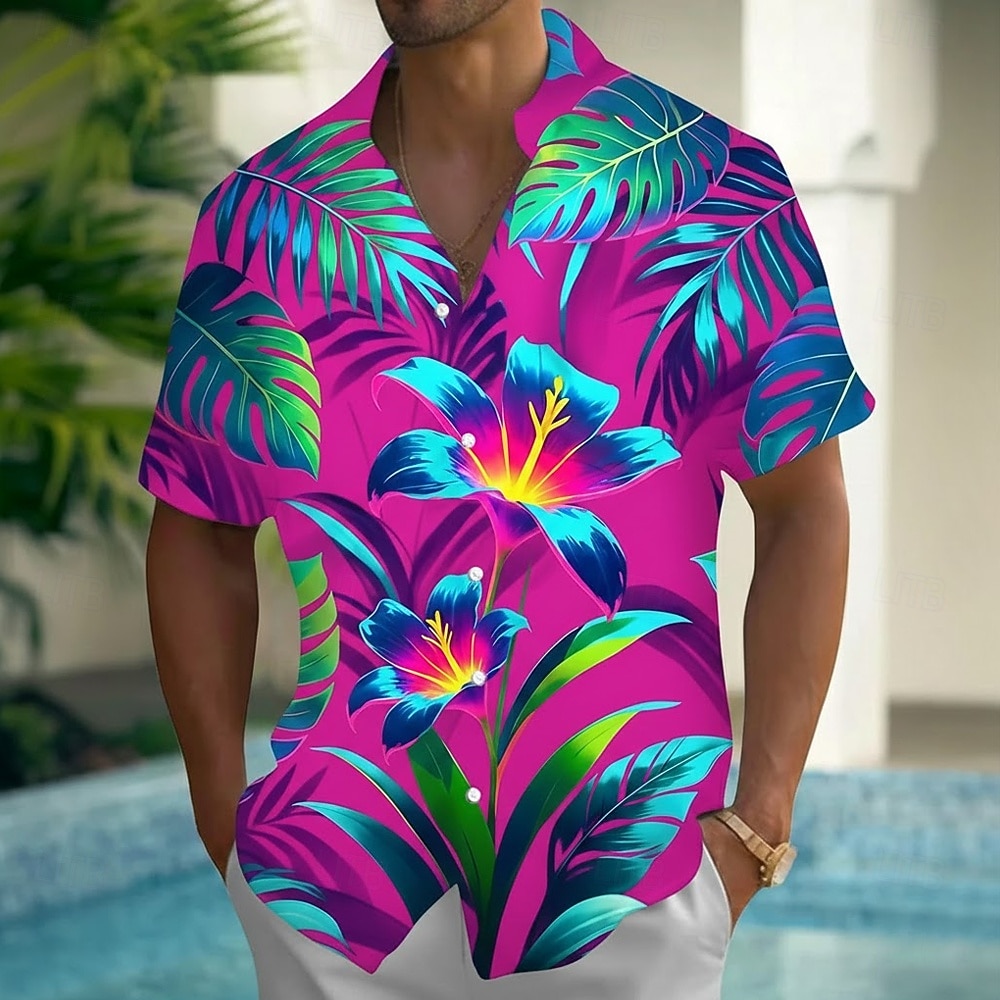 Men's Tropical Flowers Palm Leaf Neon Glow Summer Hawaiian Shirt Button Up Shirt Aloha Shirt Short Sleeve Hawaiian Vacation Summer Spring Turndown 3D Print Collared Shirts Front One Pocket Black 2026 - $25.99 –P5