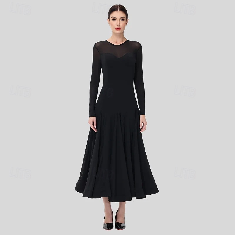 Ballroom Dance Dress Rhinestone Pleats Pure Color Women's Party Training Performance Long Sleeve High Spandex Polyester 2026 - $221.19 –P5