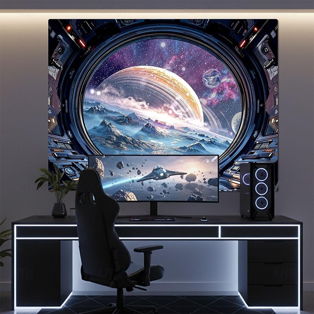 Spaceship Porthole View Outer Space Galaxy Universe Ringed Planet Nebula Stars Icy Moon Landscape Sci-Fi Window Wall Tapestry Hanging for Gaming Room Decor Bedroom Office Backdrop 2026 - E£1124.93 –P1