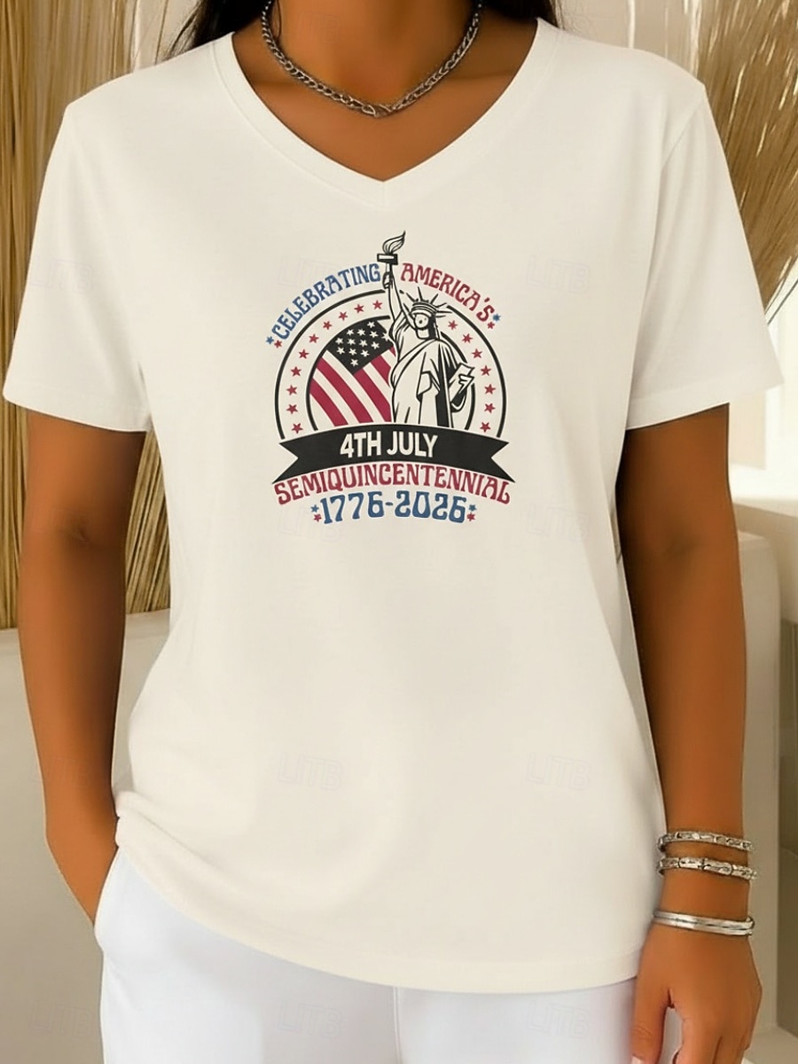 día de la independencia americana Mujer Camiseta Camiseta superior Estampado Graphic Elegante Clásico Casual Manga Corta Escote en Pico Tops regulares Diario Noche Fin de semana Azul Piscina Negro 2026 - $16.49 –P6