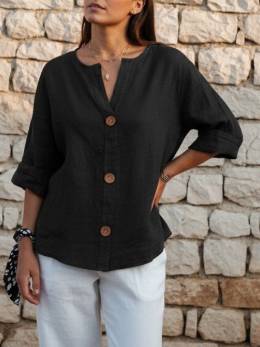 Per donna Camicia Camicie di cotone e lino Blusa Bottoni Semplice Elegante Mezza Manica Scollo a V Top Regolari Quotidiano Ferie Uscire Nero Bianco Giallo Blu marino Arancione Estate Primavera del 2026 a $14.99 –P4