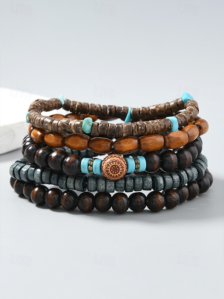 Férfi bohém, egymásra rakható fagyöngyös karkötő szett, többrétegű törzsi etikai csuklópánt türkiz díszítéssel, kézzel készített tengerparti nyaraláshoz és mindennapi használatra szánt ékszer férfiaknak 2026 - $9.99 –P5