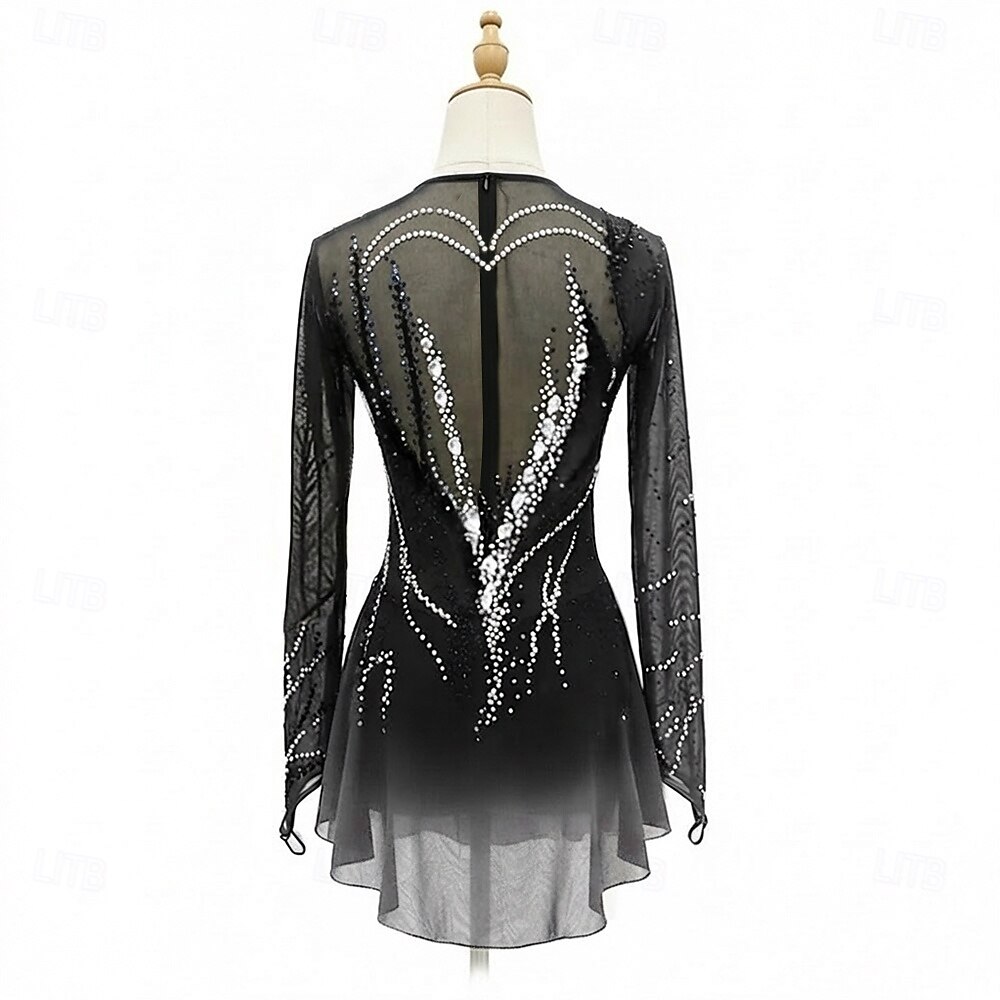 Figure Skating Dress Women's Ice Skating Dress Black Patchwork Asymmetric Hem Stretchy Training Competition Skating Wear Classic Crystal / Rhinestone Long Sleeve Ice Skating Figure Skating 2026 - $234.19 –P2