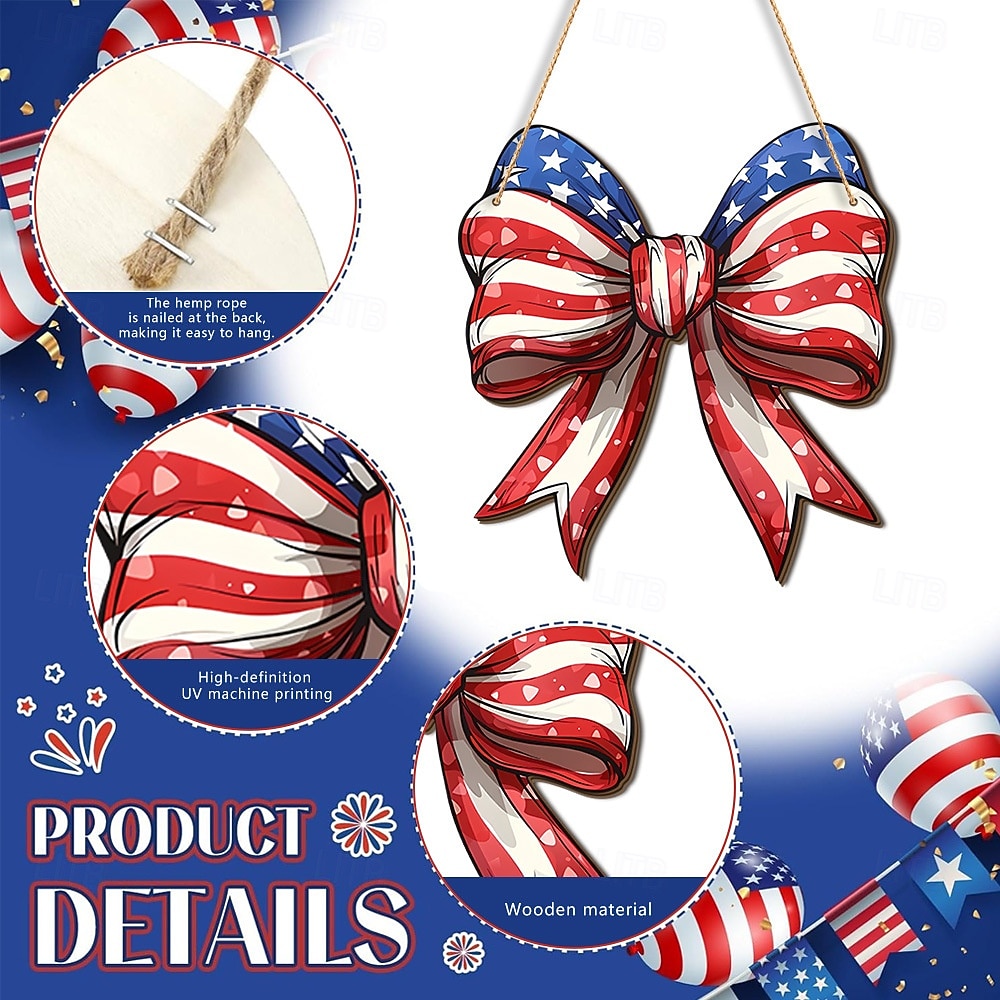 Letrero de madera para puerta conmemorativo del 250.º aniversario de la Independencia de Estados Unidos, estrellas blancas y rojas. &Decoración de la puerta principal con rayas blancas y lazo 2026 - $16.99 –P11