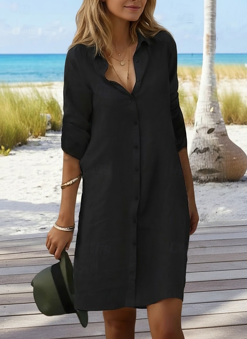 Dámské Mini šaty Mieszanka bawełny Košilové šaty Bílé bavlněné šaty Bodycon šaty prázdniny Základní Moderní Denní Víkend Volný Bez vzoru 3/4 délka rukávu Košilový límec Vodní modrá Černá Bílá Šedá 2026 - $25.99 –P3