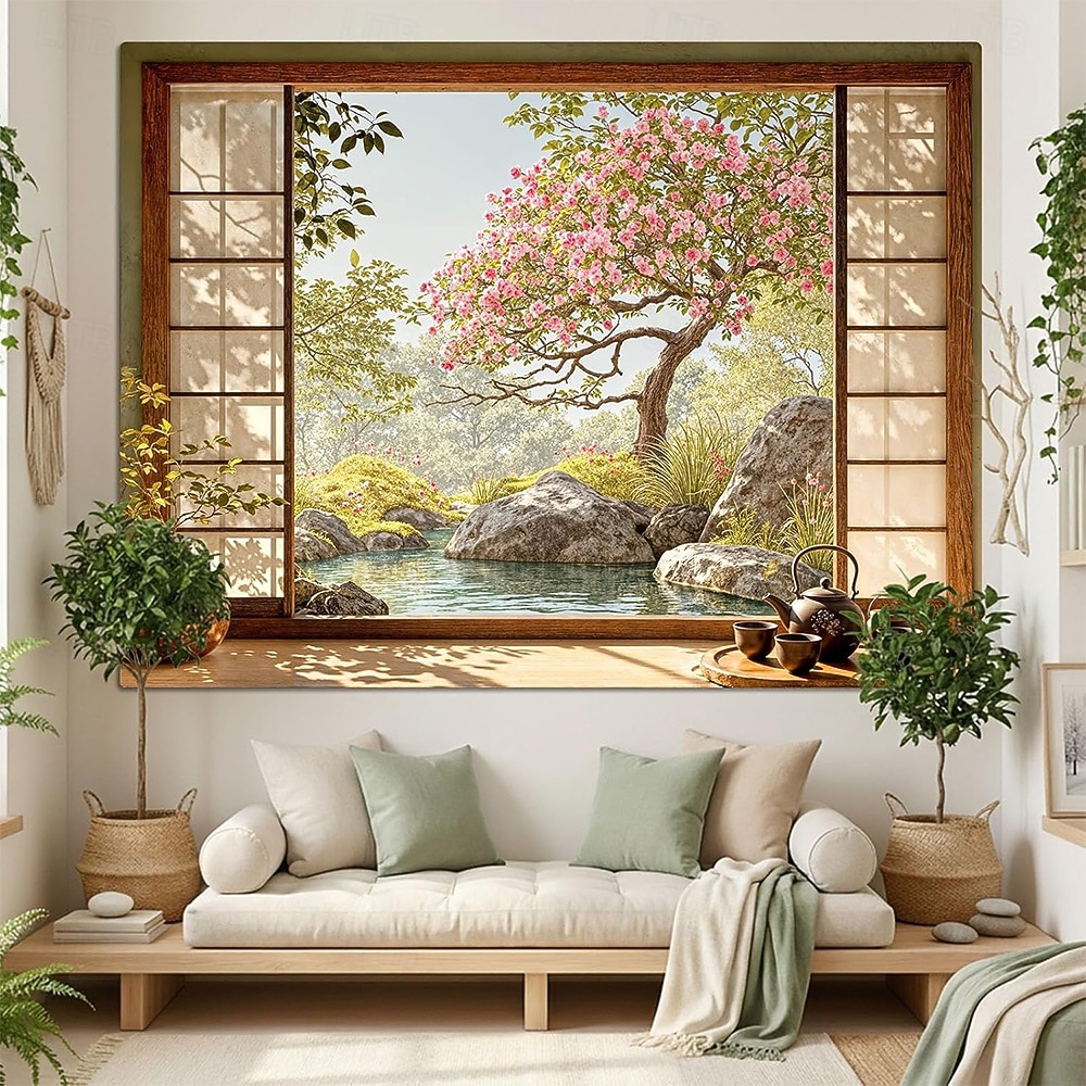 3D Zen Garden Window View Wall Tapestry Cherry Blossoms Sakura Pond Rocks Shoji Screen Tea Set Home Decor Living Room Bedroom Backdrop Office Mural Art 2026 - $19.99 –P4
