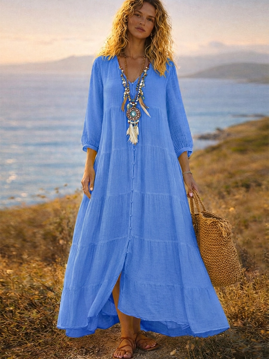 Femmes Robe Maxi Robe maxi Robes effet lin Robe Chemise Robe d'Été Robe Caftan Vacances Basique Moderne Quotidien Week-end Coupe Ample Uni Manche 3/4 Col en V Bleu Blanche Jaune Été Printemps de 2026 ? $34.99 –P6