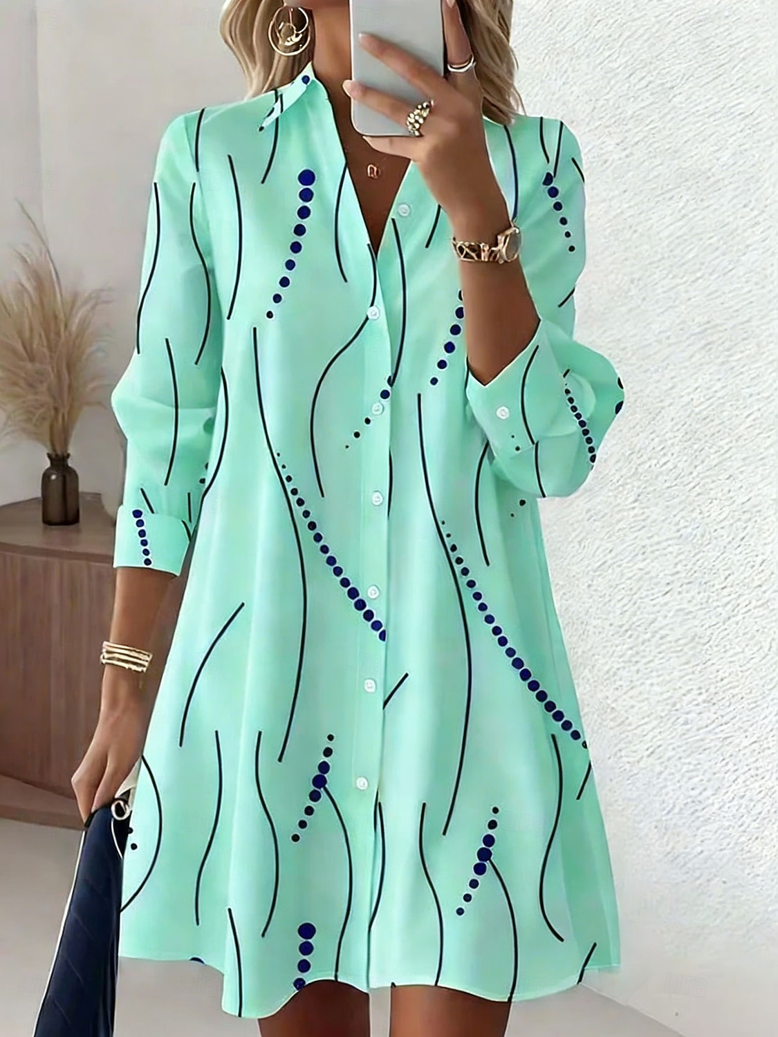 Pentru femei Rochii Lungime Genunchi Rochii Tip Cămașă Vacanță Gril pe Kamado Casual Plajă Fit regulat Grafic Buline Abstract Manșon Lung Rever Albastru piscină Alb Roz Îmbujorat Mov Vară Primăvară 2026 - $44.99 –P5