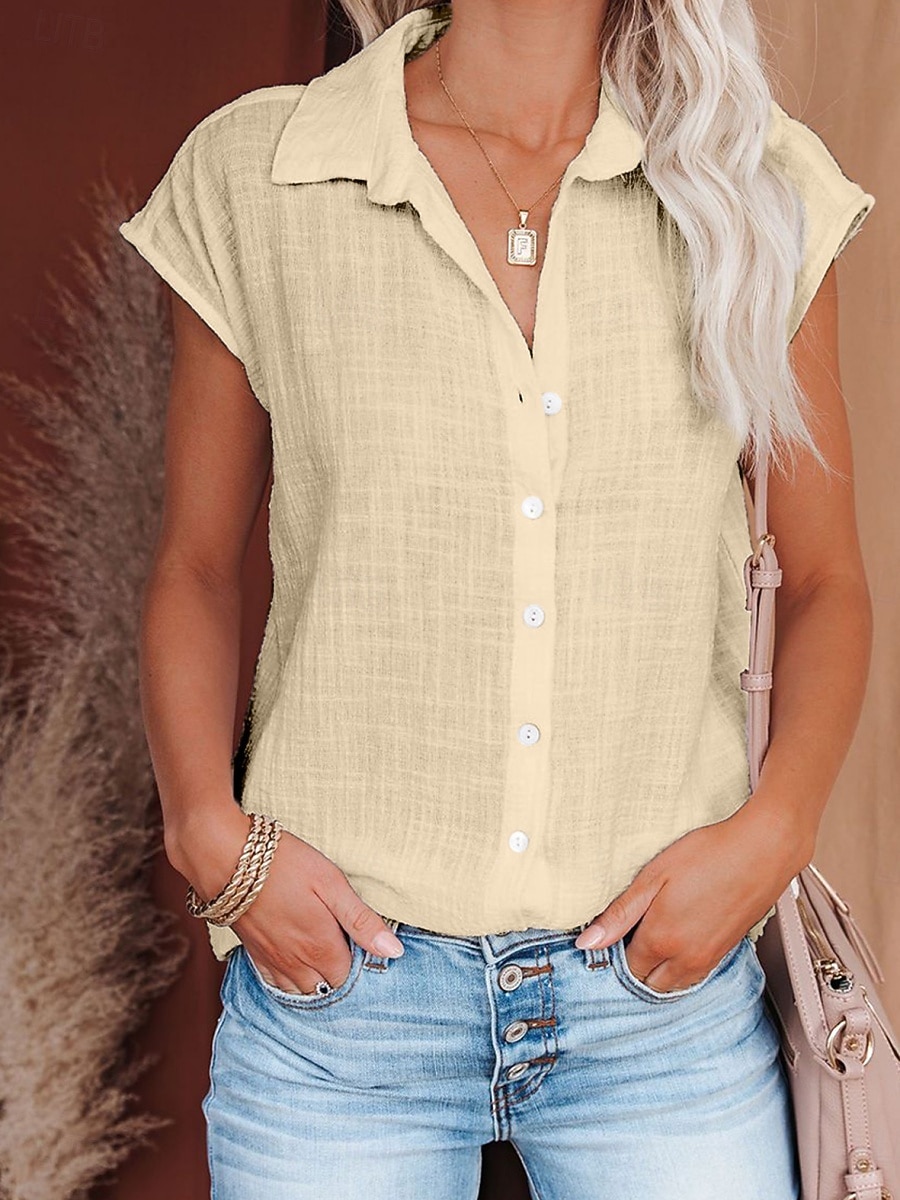 Women's Blouse Cotton Shirt Buttons Solid Color Vintage Daily Stylish Short Sleeve Shirt Collar Regular Tops Daily Blue Black White Pink Wine Summer Spring 2026 - $19.99 –P8