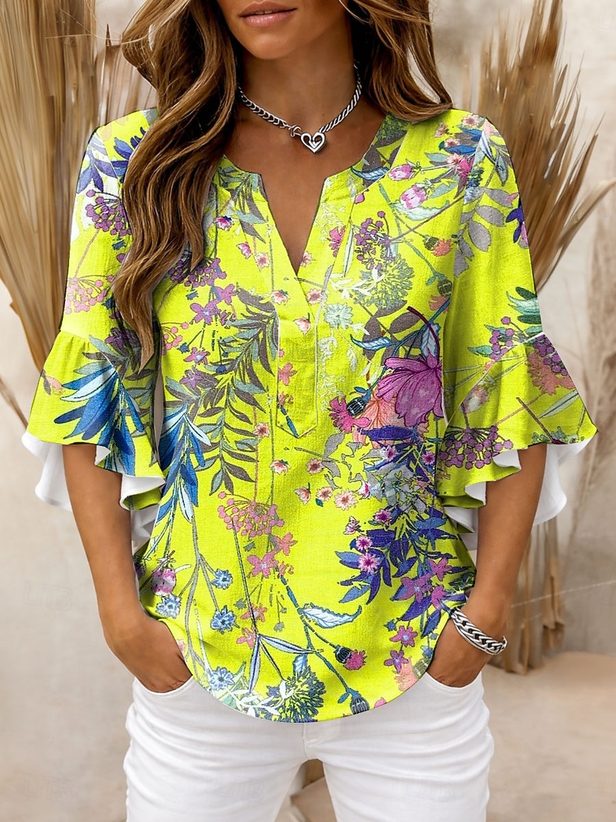 Per donna Blusa Volant Stampato Floreale Grafico Vintage Quotidiano Elegante Manica 3/4 Scollo a V Top Regolari Quotidiano Ferie Abbigliamento da vacanza Bianco Giallo Rosa Verde Estate Primavera del 2026 a $32.99 –P2