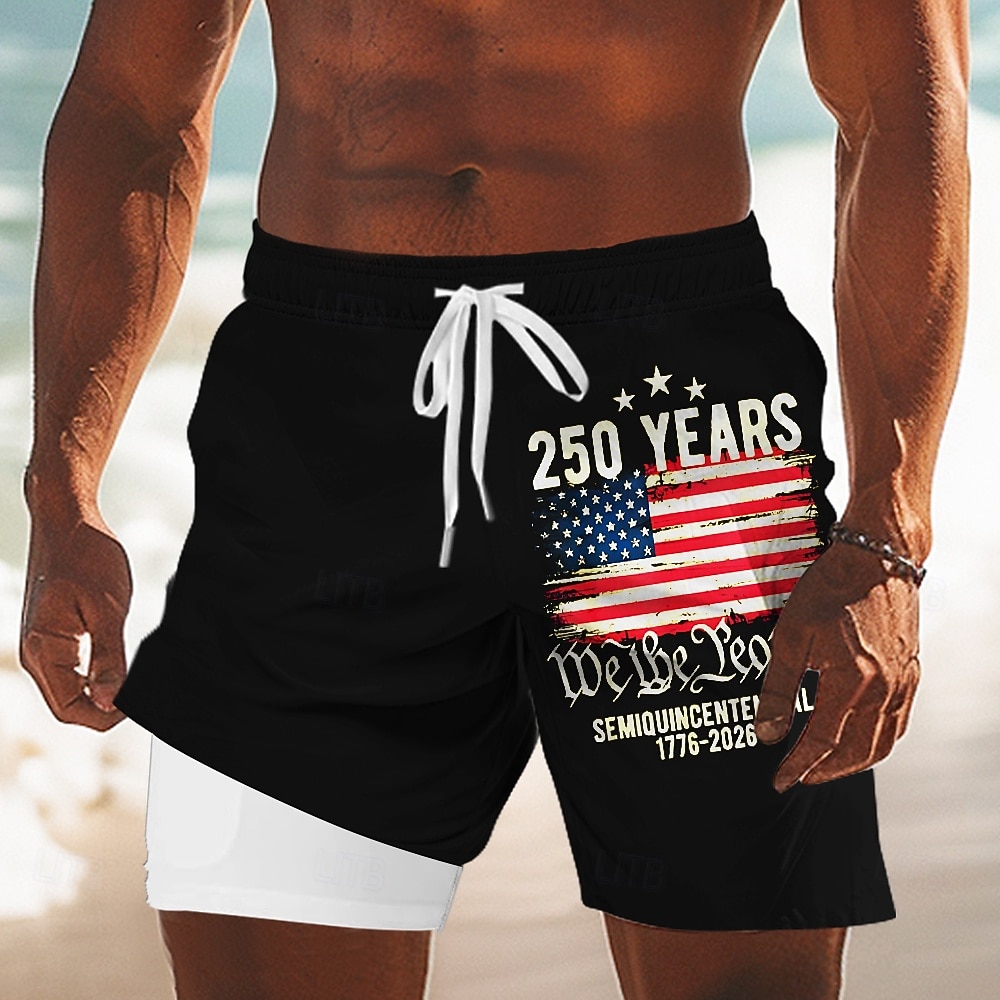 2026年 男性用 7月4日 米国建国250周年 米国旗 我ら人民 裏地付きショートパンツ 2 in 1 スイムショーツ スイムショーツ ミディアムウエスト 愛国 祝日 サイドポケット コンプレッションライナー付き 伸縮性のあるドローストリングウエスト デザイナー 衣類  コレクション – $22.99 –P1