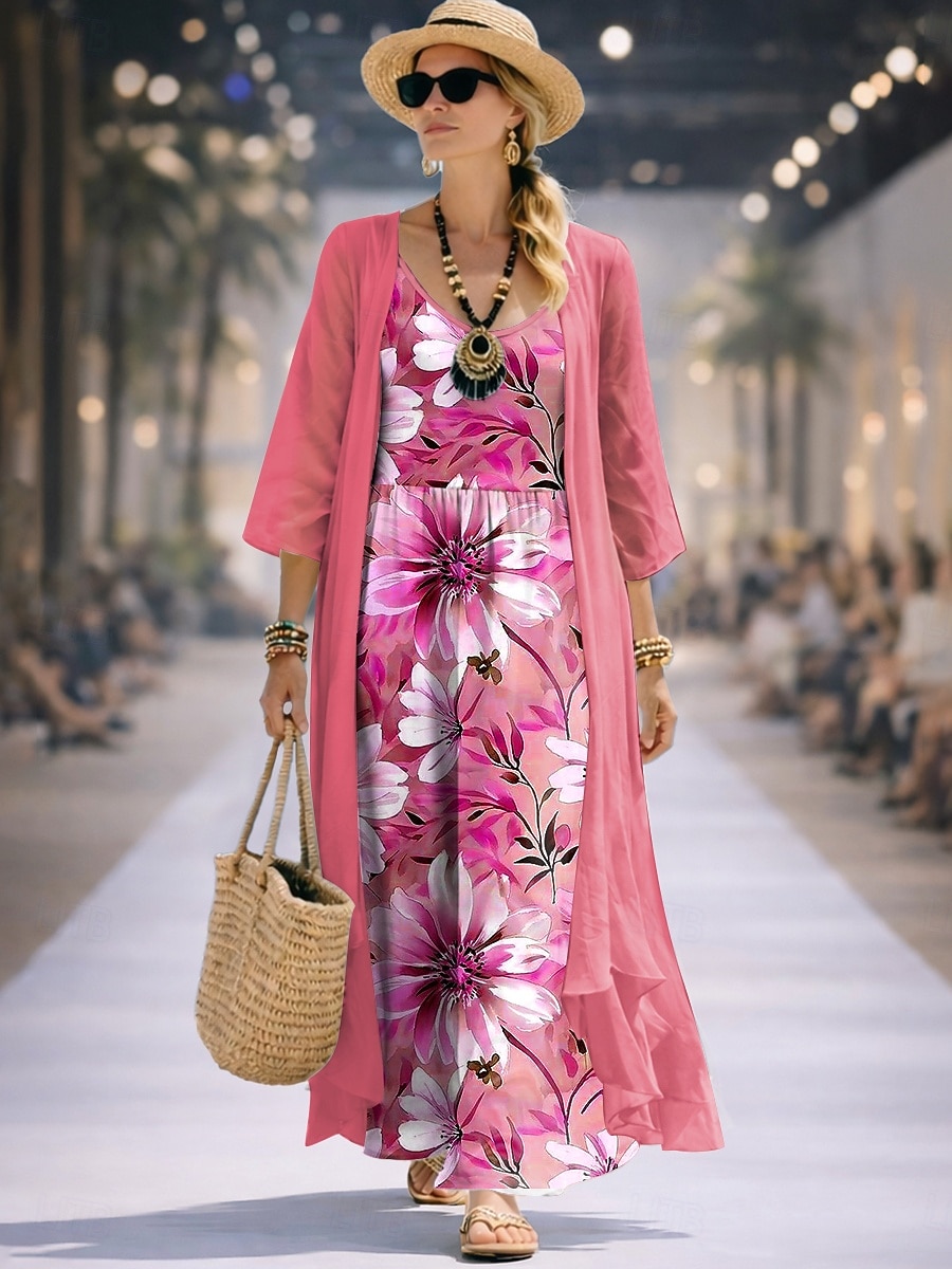 Mujer Conjunto de vestido Vestido de una línea Elegante Vacaciones Floral Graphic Multi capa Estampado Vestido maxi Manga 3/4 Escote en Pico Diario Fiesta Azul Piscina Rosa Morado Verano Primavera 2026 - $51.99 –P4