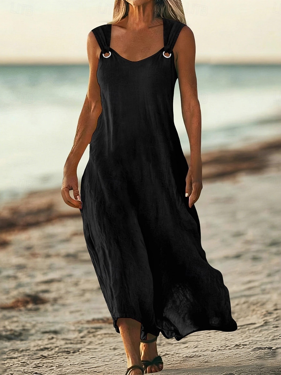 Women's Maxi Dress Linen-feel Dresses A Line Dress Summer Dress Casual Daily Loose Fit Plain Sleeveless V Neck Blue Black White Yellow Summer 2026 - $25.99 –P3