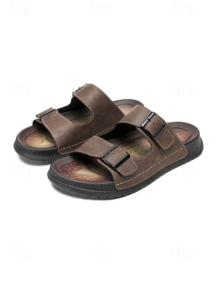 Sandalias de cuero de doble tira para hombre, duraderas y cómodas, calzado elegante para isla y crucero para vacaciones, resort y uso informal. 2026 - $29.99 –P6