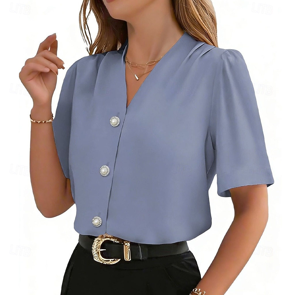 Women's Shirt Dress Shirt Button Up Shirt Ruched Buttons Solid Color Elegant Fashion Daily Short Sleeve V Neck Regular Tops Streetwear Office Work Blue Black White Red Apricot Summer Spring 2026 - $31.99 –P4