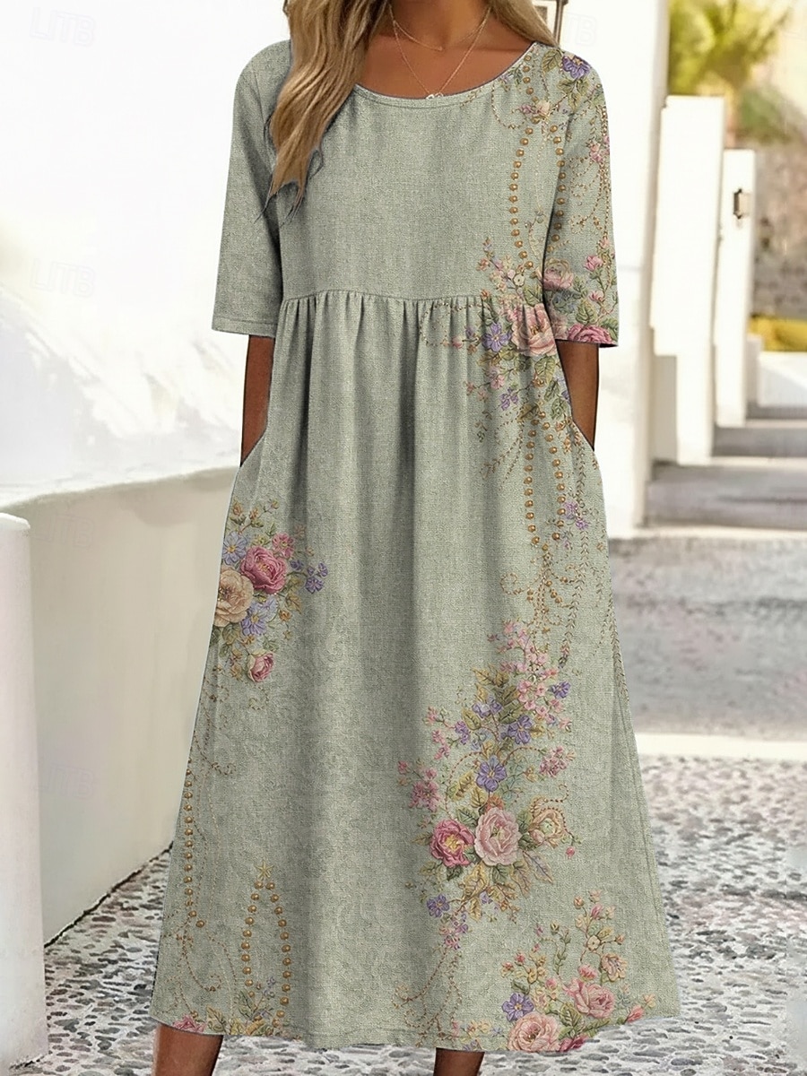 Per donna Abito Midi Vestito Casual Abito Stampato Vintage All'aperto Vacanza Uscire Vestibilità comoda Floreale Grafico Mezza Manica Girocollo Blu Viola chiaro Viola Verde Estate Primavera del 2026 a $29.99 –P1