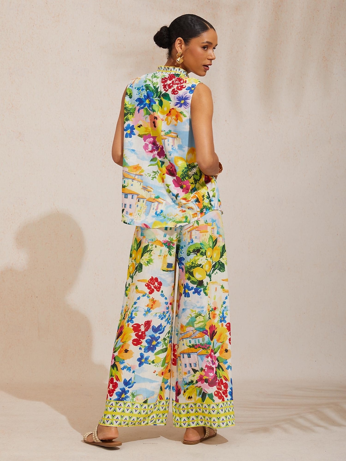 Luftig ärmlös topp i linne-look med citrusträdgård och semestermönster 2026 - $56.99 –P11