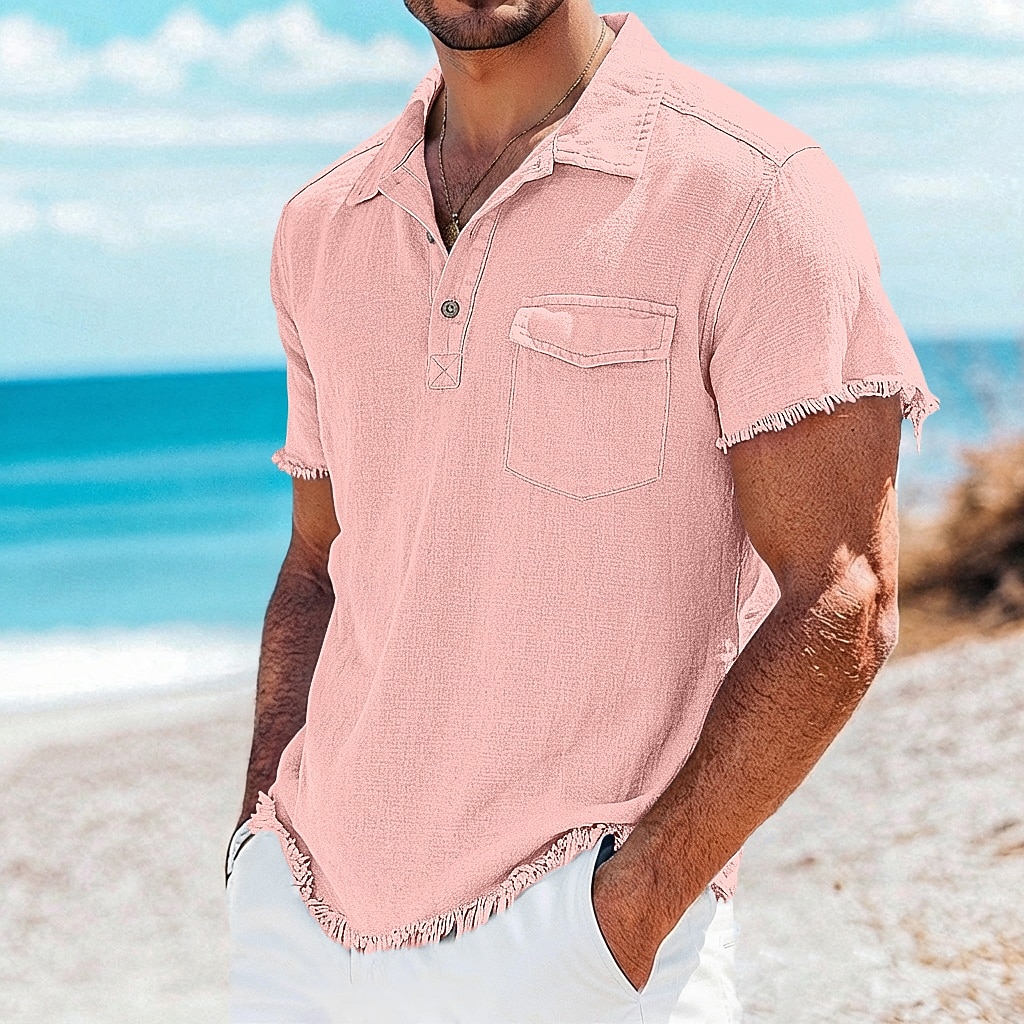 Herr T-tröja Linne T-shirt Kort ärm Polokrage Sommar Slät Mode Designer Grundläggande Ficka Mjukt Rå kant Strand Semester Ledigt / vardag Blå Vit Rodnande Rosa Topp t-shirt för män 2026 - $23.99 –P7