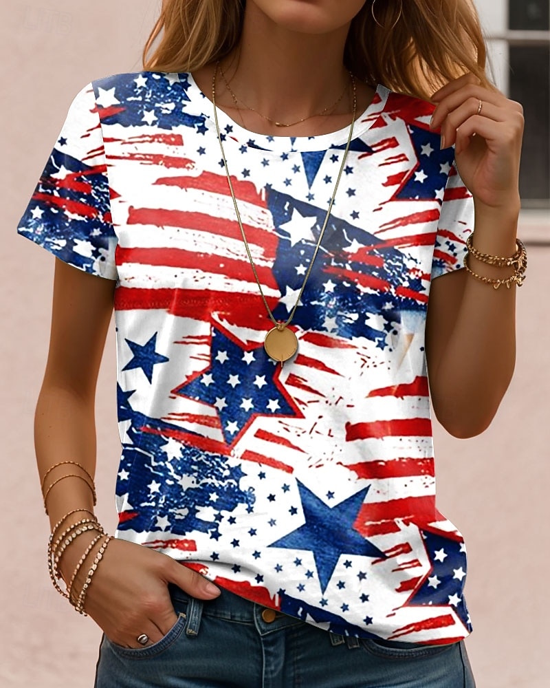 Amerikanischer Unabhängigkeitstag Damen T Shirt Druck Grafik Stern Vintage Stilvoll Klassisch Kurzarm Rundhalsausschnitt Normale Oberteile Täglich Rote Purpur Orange Grün Sommer Frühling 2026 - $22.99 –P1