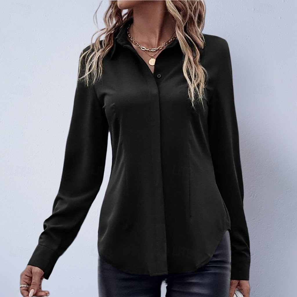 Mulheres Camisa Social Blusa de cetim Saia camisa de botão Côr Sólida Tecido Elegante Moda Casual Manga Longa Aberto para a Lateral Tops regulares Diário Escritório Trabalho Preto Rosa Vermelho Roxo de 2026 por $24.99 –P1