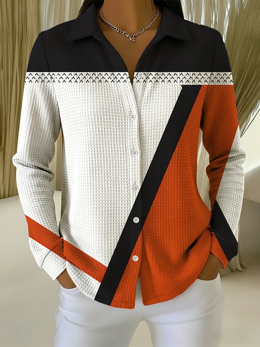 Women's Waffle Shirt Blouse Buttons Print Geometric Vacation Daily Stylish Long Sleeve Shirt Collar Regular Tops Daily Outdoor Holiday Blue White Purple Orange Green Summer Spring Fall 2026 - $24.99 –P1