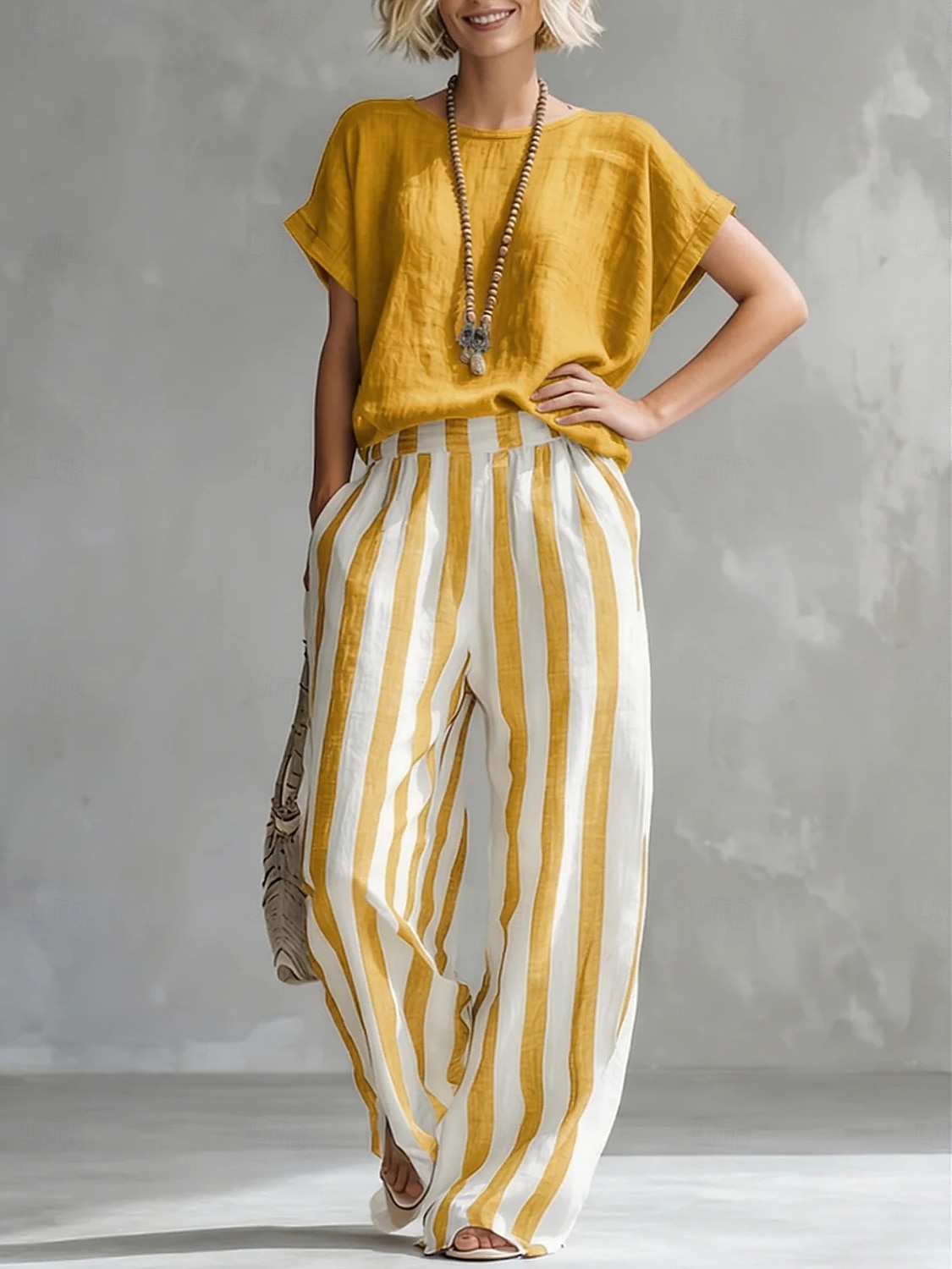 Mulheres Conjunto com toque de linho Conjuntos de calças Manga Curta Gola Redonda Gráfico Listrado Moda Roupa de rua Casual Diário Ao ar livre Azul Preto Amarelo Primavera Verão Ajuste Largo de 2026 por $44.99 –P4