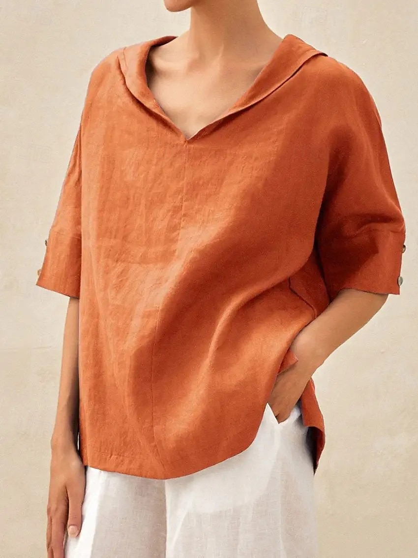 Damen Bluse Hemd aus Leinenimitat Einfach Stilvoll Lässig Dreiviertelarm V Ausschnitt Normale Oberteile Täglich Blau Schwarz Weiß Gelb Orange Sommer Frühling Herbst 2026 - $19.99 –P2