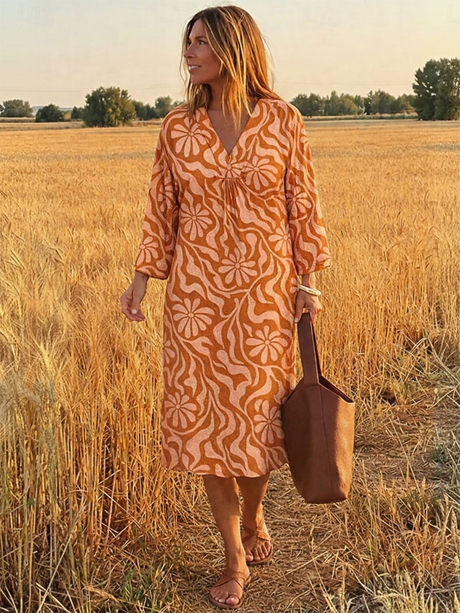 Women's Midi Dress Sundress A Line Dress Vacation Casual Boho Beach Party Loose Fit Graphic Abstract Long Sleeve V Neck Black Orange Green Summer Spring 2026 - $41.99 –P3
