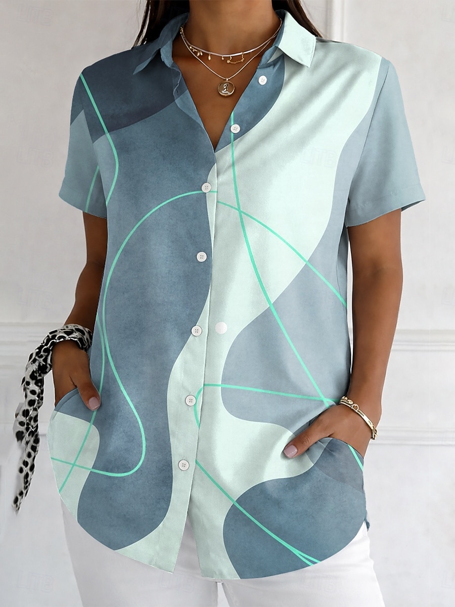 Damen Hemd Knöpfe Druck Grafik Geometrisch Vintage Stilvoll Modern Kurzarm Hemdkragen Lange Oberteile Täglich Blau Rosa Purpur Grün Sommer Frühling 2026 - $26.99 –P2