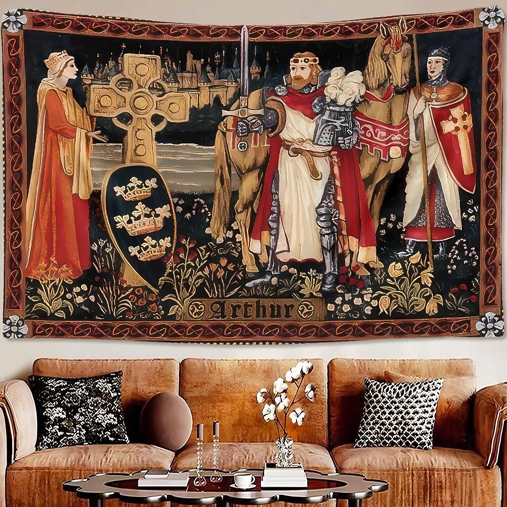 Tapisserie murale médiévale représentant le roi Arthur, un chevalier, avec le texte d'Arthur, une croix celtique et un écu royal. Tissu vintage à suspendre, idéal pour une bibliothèque, un garage de 2026 ? $42.99 –P2