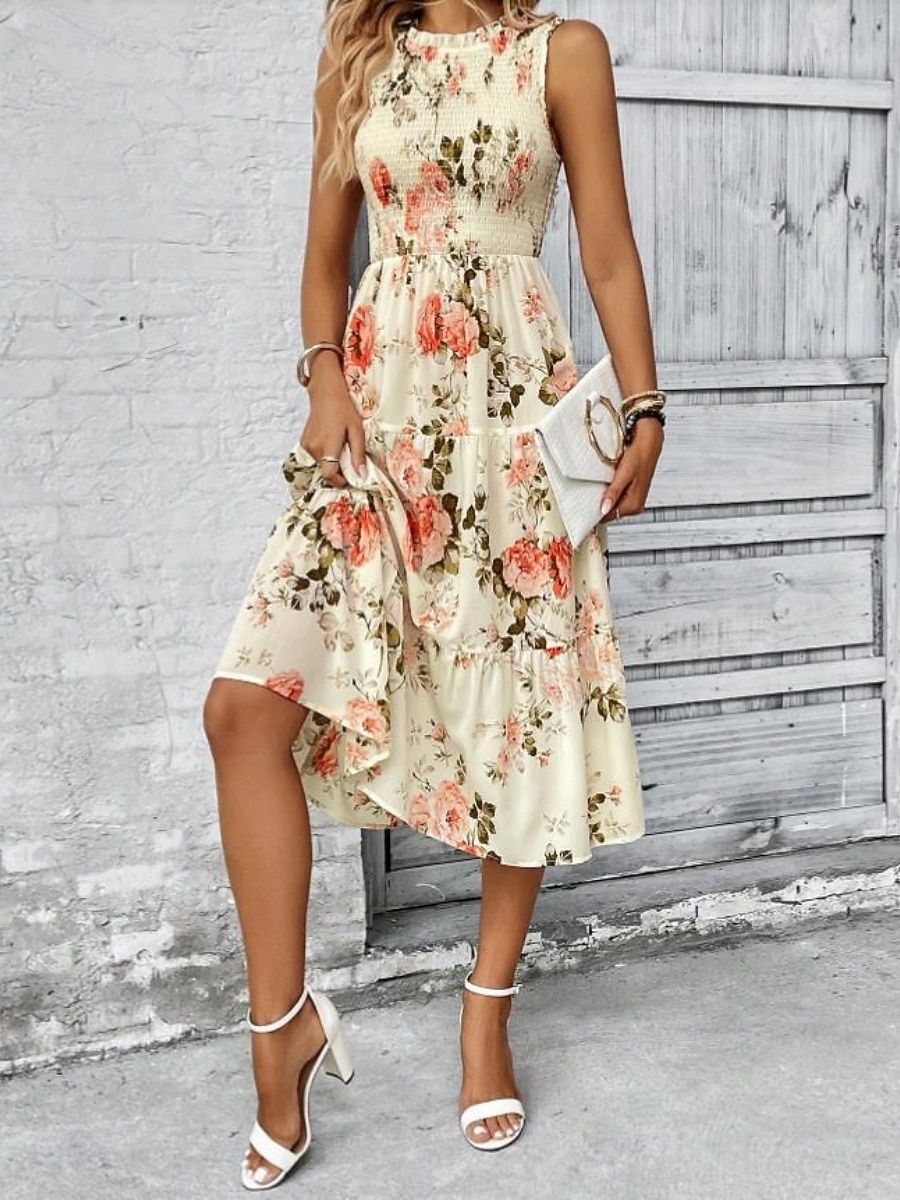 Damskie Sukienka midi Codzienne sukienki Sukienka A line Sukienka w kwiatki Elegancja Moda Nowoczesny Na zewnątrz Urlop Wyjściowe Regularny Kwiaty Bez rękawów Półgolf Niebieski Biały Rumiany róż Lato 2026 - $27.99 –P1