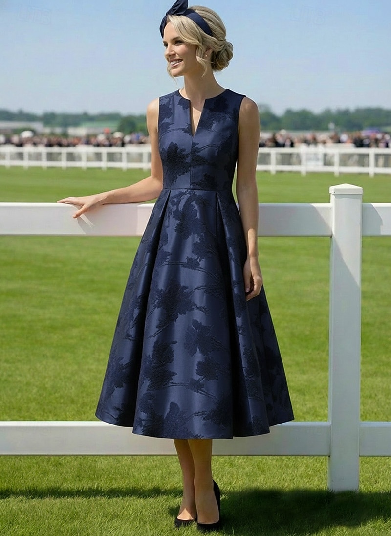 Linea ad A Lunghezza alla caviglia Lunghezza Tè Abito Derby Abito da cerimonia per signora Senza Maniche Scollo a V Elegante Vintage Formale Derby del Kentucky Jacquard con Pieghe del 2026 a $154.79 –P5