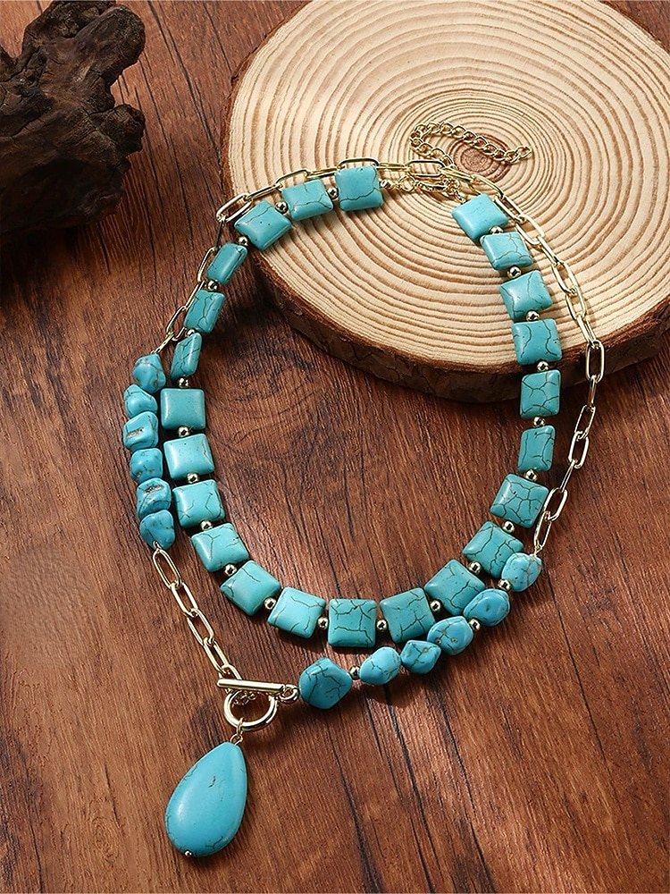قلادة نسائية بوهيمية متعددة الطبقات من الفيروز، وقلادة من الخرز المصنوع من الأحجار الصناعية وسلسلة من سبيكة الذهب مع قلادة على شكل دمعة، مناسبة لعطلات الصيف الشاطئية البوهيمية والاستخدام اليومي غير الرسمي 2026 - $11.99 –P3
