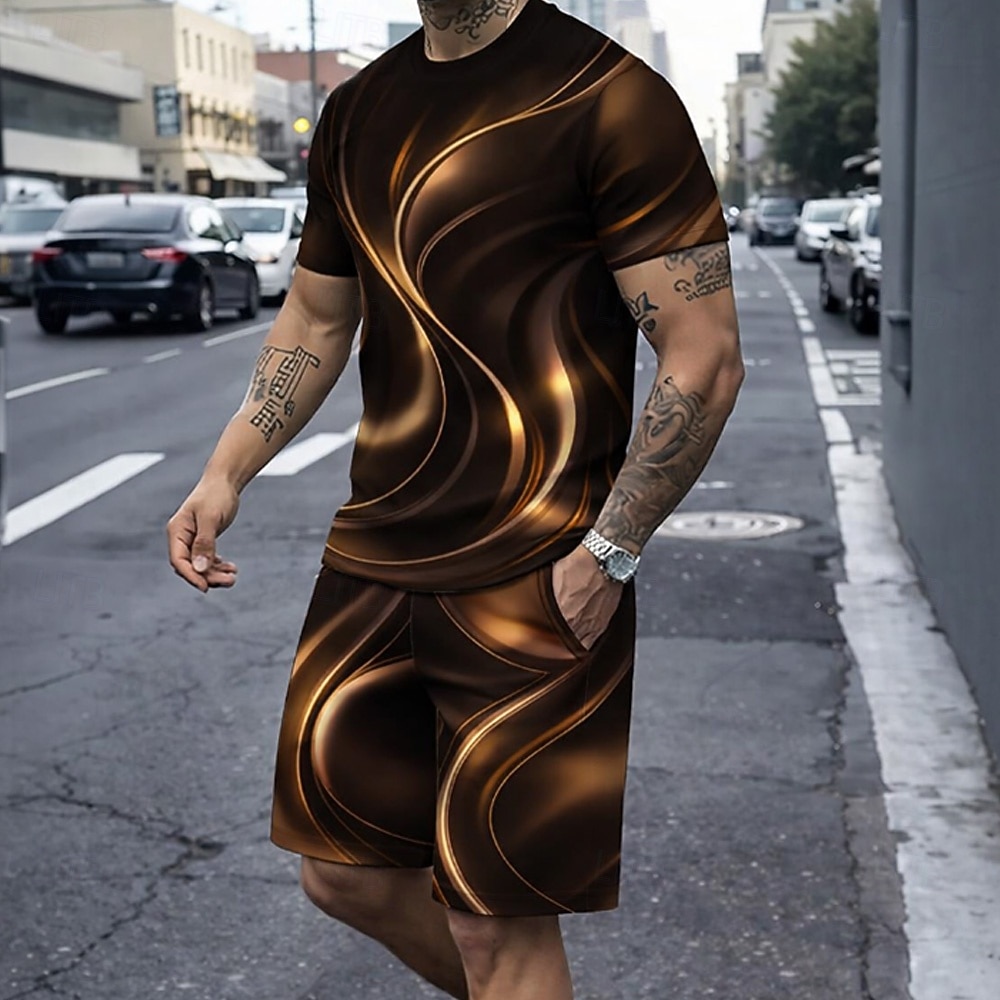 Hombre Geométrico Línea 2 piezas Conjuntos de camisetas Tops de verano Manga Corta Pantalones cortos Cuello Barco Casual De moda Diario Exterior Vacaciones Impresión 3D Verano Azul Piscina Rojo Marrón 2026 - $28.99 –P1