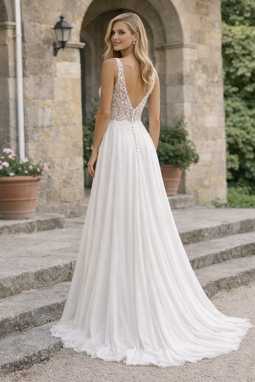 Свадебные Платья На Пляже L-образной Формы V Вырез Без Рукавов Длинного Пола Шифон Невесты С Аппликациями Разрез Спереди 2026 - $241.49 –P2