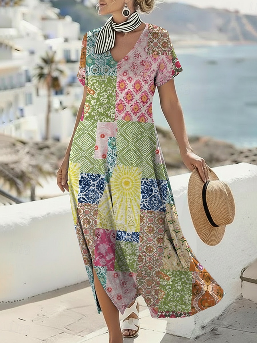 Mujer Vestido Midi Vestido bohemio Vestido informal Vestido de una línea Vestido Estampado Vintage Exterior Vacaciones Fin de semana Ajuste regular Floral Plaid Manga Corta Escote en Pico Verde Trébol 2026 - $25.99 –P1
