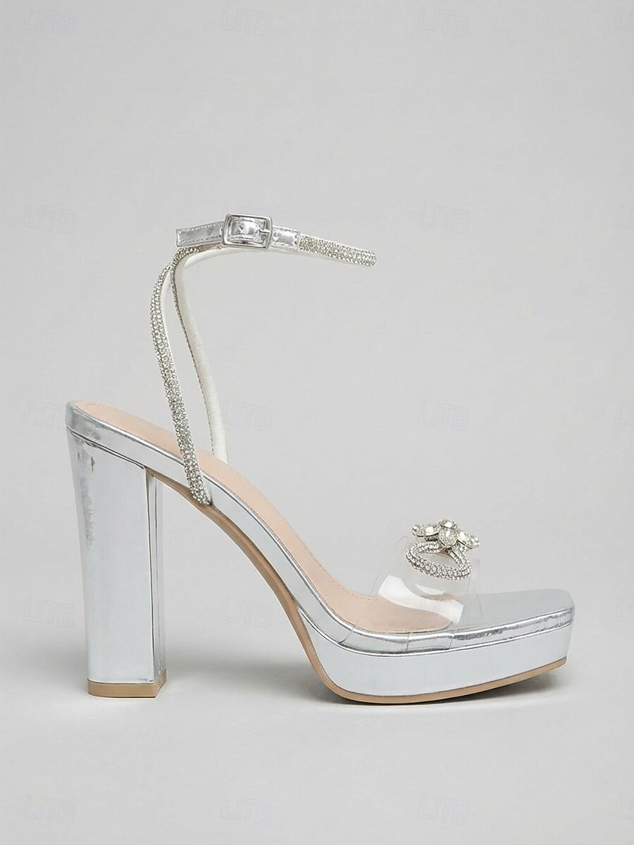 Women's Silver Platform High Heel Sandals, Rhinestone Ankle Strap Chunky Heels for Nightlife Party, Clubbing & Evening Events 2026 - $42.99 –P2