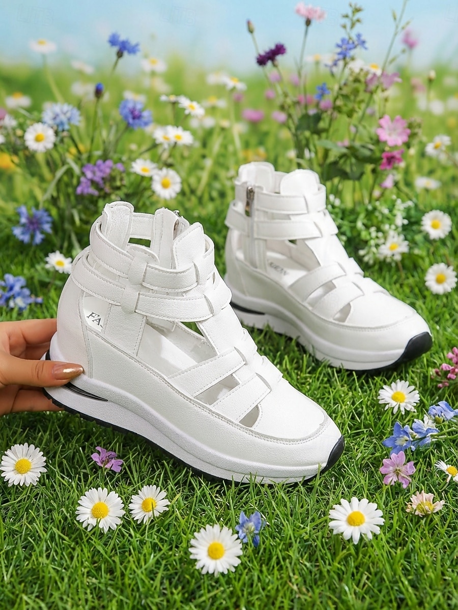 Γυναικεία λευκά σανδάλια με κοψίματα, casual παπούτσια για περπάτημα με κρυφό τακούνι και φερμουάρ για υπαίθριο περπάτημα, ταξίδια &καθημερινή χρήση 2026 - $32.99 –P7