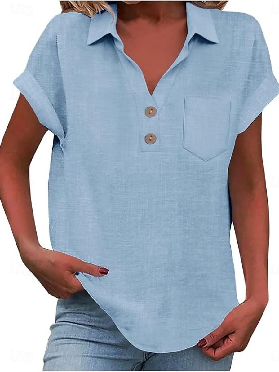 Women's Shirt Blouse Cotton Shirt Buttons Solid Color Vintage Classic Modern Short Sleeve Shirt Collar Regular Tops Daily Holiday Going out White Yellow Navy Blue Sky Blue Light Blue Summer Spring 2026 - $22.99 –P1