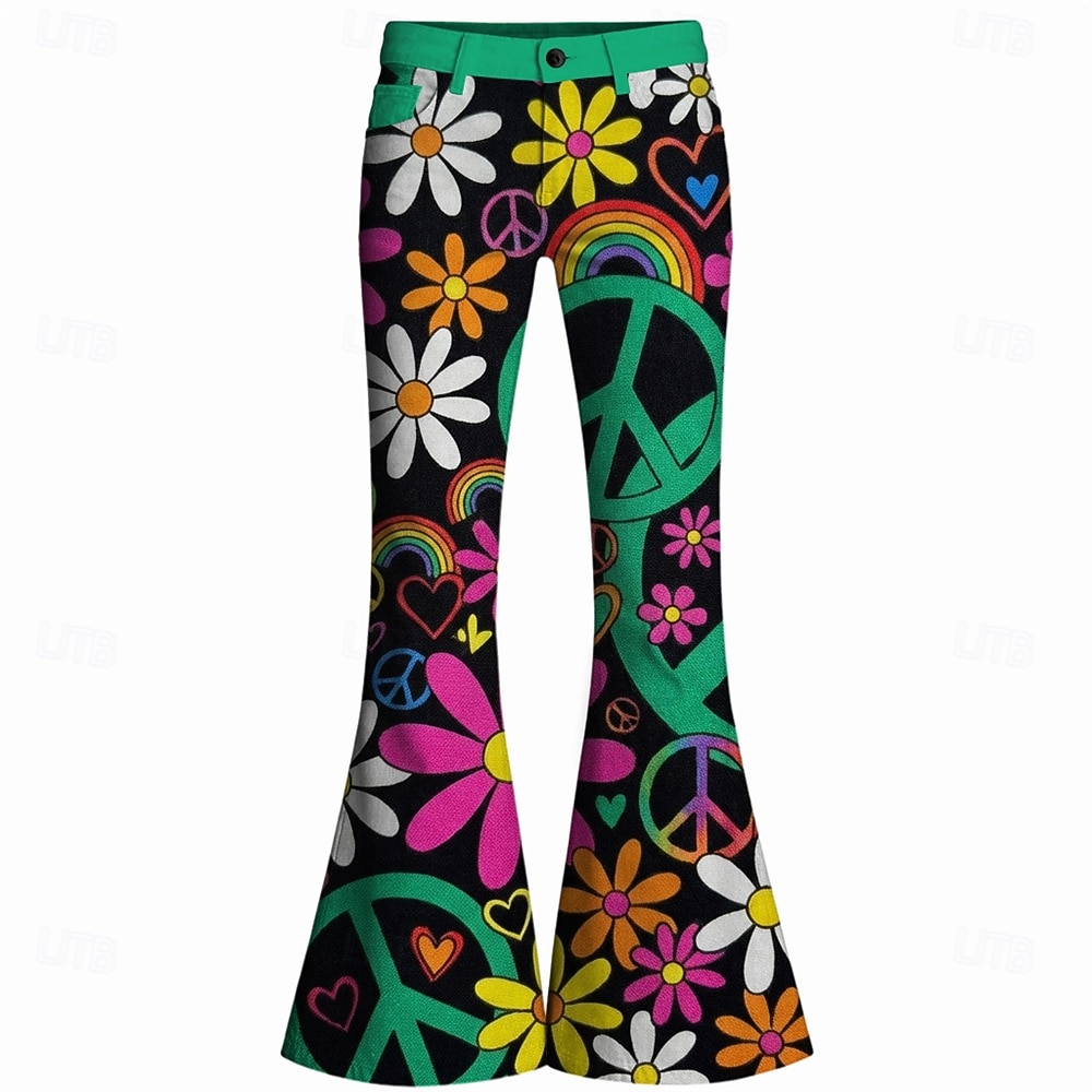 Retro vintage Boho Jaren '70 Broeken Bell Bottom broek Hippie Schijf Hoge taille Bloemig Vredessymbolen Kostuum Dames Halloween Carnaval muziekfestival Retro themafeest Volwassenen Broeken 2026 - $35.99 –P2