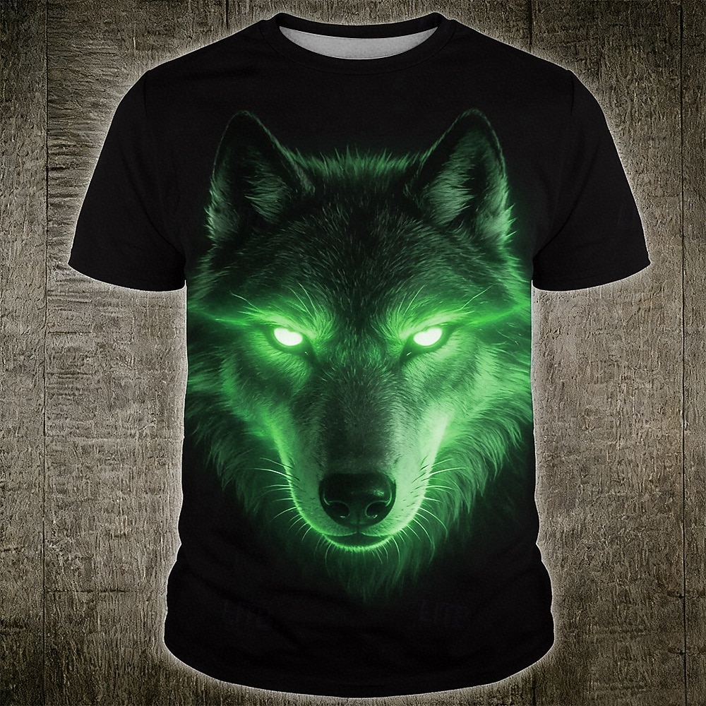 Maglietta da uomo con occhi luminosi al neon, volto di lupo alfa, stile cyberpunk fantasy, stampa all-over, vestibilità regolare, maniche corte, girocollo, abbigliamento casual streetwear, taglie S, del 2026 a $22.99 –P4