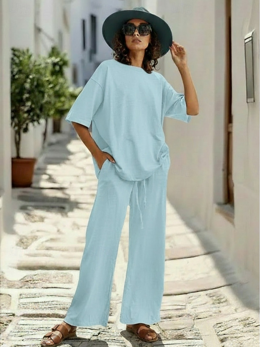 15% Linen Women's Pants Sets Linen Sets Basic Pure Color Pocket Elastic Waist T Shirt Pant Daily Street Long Sleeve Crew Neck Blue Black White Navy Blue Light Brown Summer Spring 2026 - $41.99 –P9