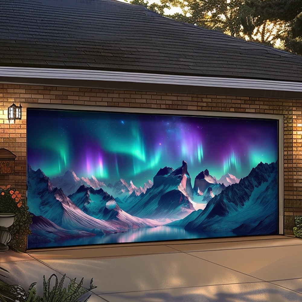 Northern Lights Aurora Borealis Winter Mountain Snowy Pine Forest Starry Night Sky Frozen River Garage Door Banner Outdoor Wall Decor Holiday Mural Christmas Decoration Backdrop 2026 - $49.99 –P6