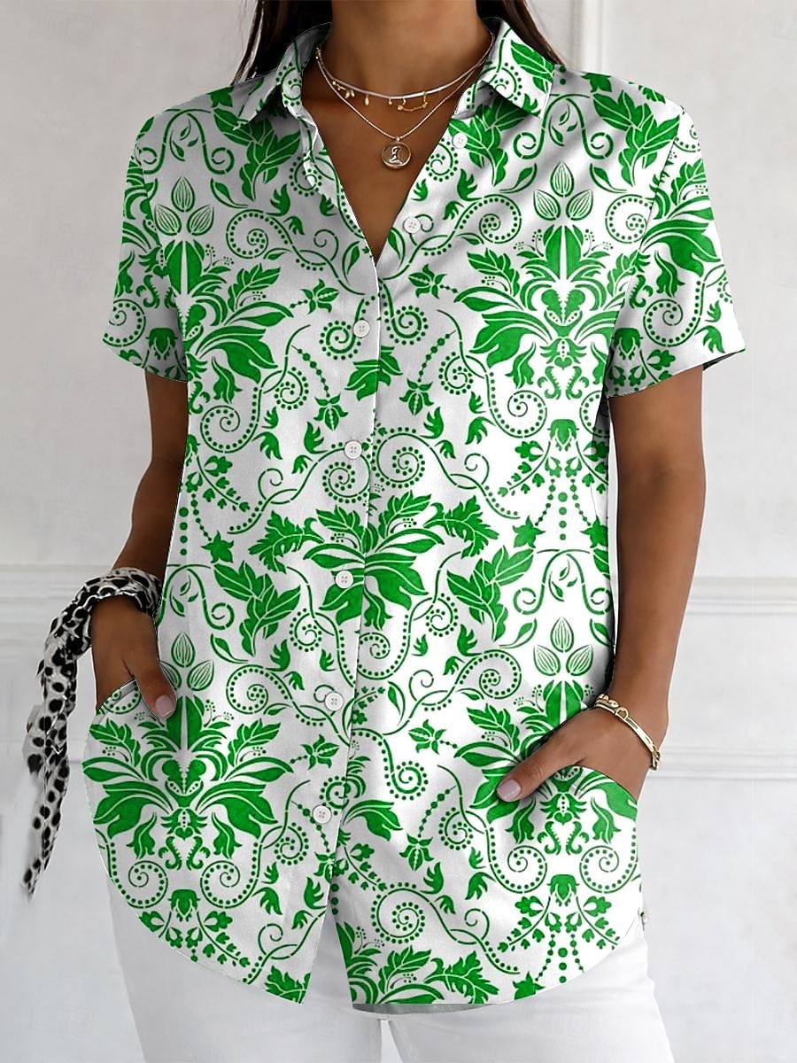 Women's Shirt Buttons Print Floral Graphic Vintage Stylish Modern Short Sleeve Shirt Collar Long Tops Daily Blue Red Purple Green Summer Spring 2026 - $26.99 –P4