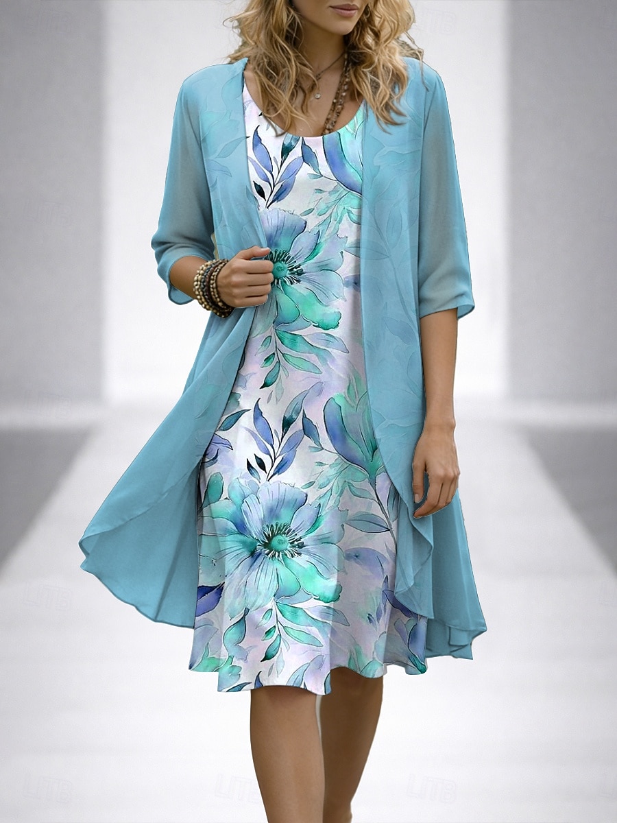 Women's Dress Set A Line Dress Elegant Vacation Floral Graphic Layered Print Mini Dress Half Sleeve Crew Neck Daily Blue Pink Purple Summer Spring Regular Fit 2026 - $43.99 –P3