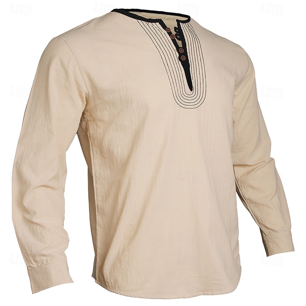 Pánské Tričko Tričko Henley Bavlněné plátěné tričko Dlouhý rukáv Henley Léto Jaro Barevné bloky Vinobraní Šik ven stylové Slátanina Barevné bloky Knoflíky Ležérní Denní Venkovní Bílá Černá Khaki Top 2026 - $22.99 –P9